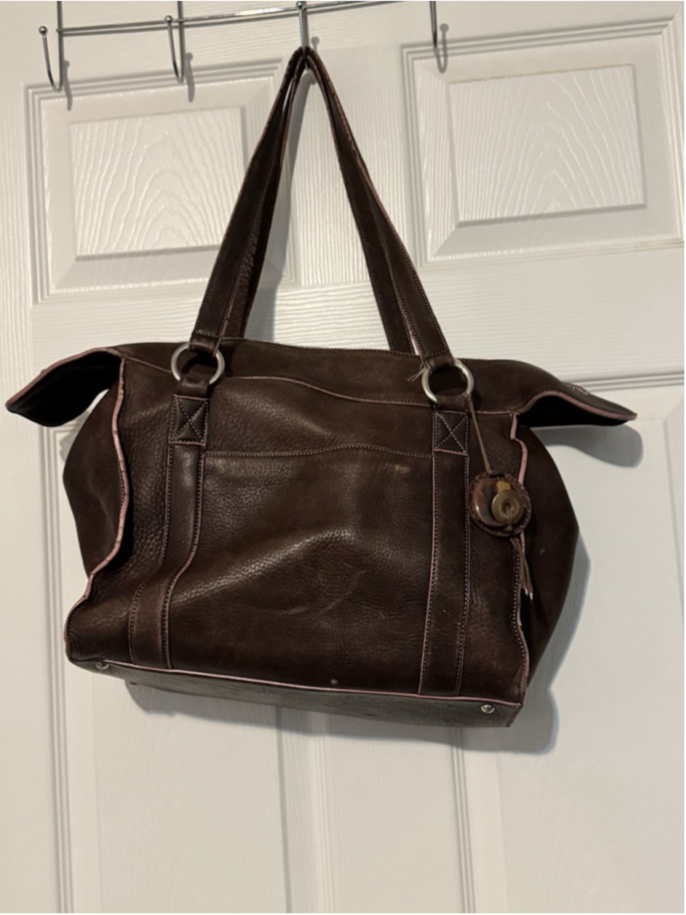 Levenger Soft Distressed Leather Duffle Weekender Bag Purplish Brown Pink 12x12